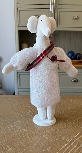Lady McBraw-Lochtae handmade fabric elephant doll in white lace gown with tartan sash